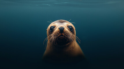 Fototapeta premium curious seal swimming underwater, showcasing its whiskers and expressive eyes.