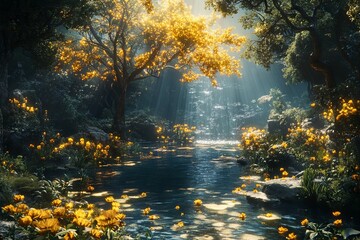 Serene forest stream with waterfall and golden flowers