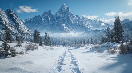 Snowy mountain path with forested valley.