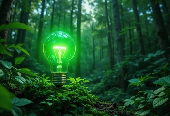A glowing green lightbulb sits nestled amongst lush green vegetation on a forest floor, symbolizing sustainable energy.