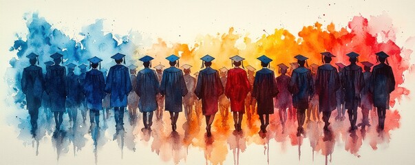 Expressive watercolor scene a high school graduation ceremony with students in caps and gowns