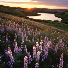 Obraz premium Dreamy Wildflower Field with Pink and Lavender Hues at Sunset