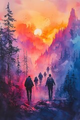 Fototapeta premium Expressive watercolor scene a mountain pass with hikers at sunrise