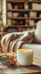 Wide shot of a white porcelain aromatherapy candle on a wooden table in a cozy home setting The scene should be warm and inviting with soft natural lighting a sofa a bo