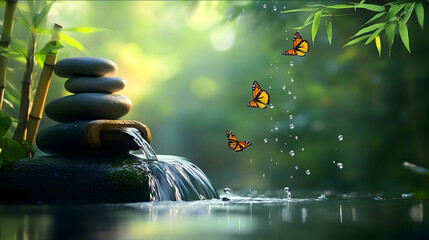 A tranquil scene of calmly stacked stones surrounded by bamboo and fluttering butterflies with water flowing from an ancient wooden spout into the serene pond below The