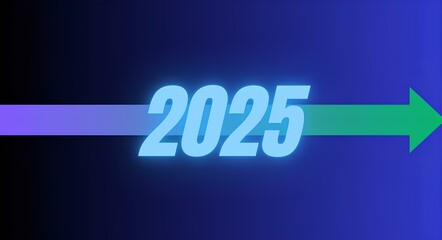 A digital illustration of a neon blue arrow pointing to the right with the year 2025 in the center against a dark blue gradient background.