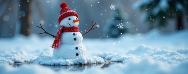 Fototapeta premium Melted snowman leaves behind a small puddle of water and a few scattered snowflakes, snowy, snowman, festive background