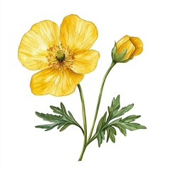 Naklejka premium Watercolor Buttercup flower on white background,floral concept, perfect for Valentine's Day,Mother's Day,Easter,Wedding Day,Anniversaries