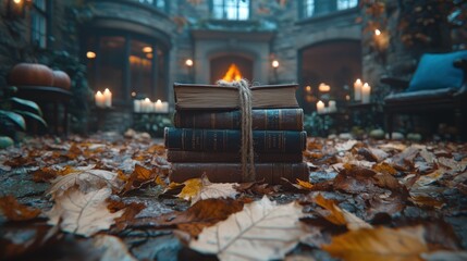 Stack of old books tied with rope on autumn leaves, cozy fireplace background.