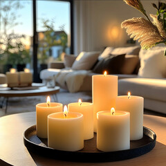a closeup of 6 candles on the table placed beautifully where some are on a tray and another on small platform where a living room is on the background full of light and
