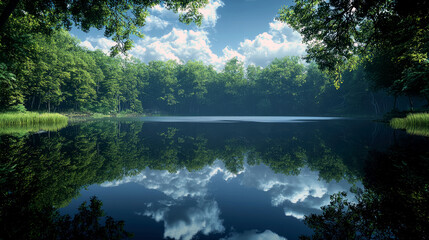 Serene Forest Lake Reflection: A Stunning Summer Landscape Photography