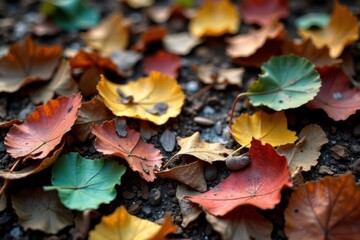 Obraz premium crinkled paper scraps scattered on forest floor, texture, decay, leaves