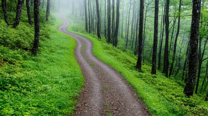 Serene Winding Path Through Lush Green Forest in Misty Atmosphere