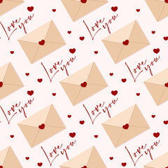 Love letters seamless pattern. Beige envelopes with red hearts and lettering. Best for textile, wallpapers, wrapping paper, package and St. Valentine's Day decoration.