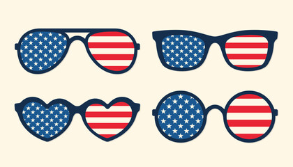 Stylish sunglasses collection with American flag on lenses. Vector illustration on beige background.