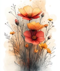 Wildflowers Illustration in Vintage Botanical Style with Soft Pastel Colors and Watercolor Background