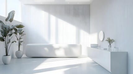 A modern beauty clinic with white walls and clean countertops, ideal for promoting skincare or wellness products