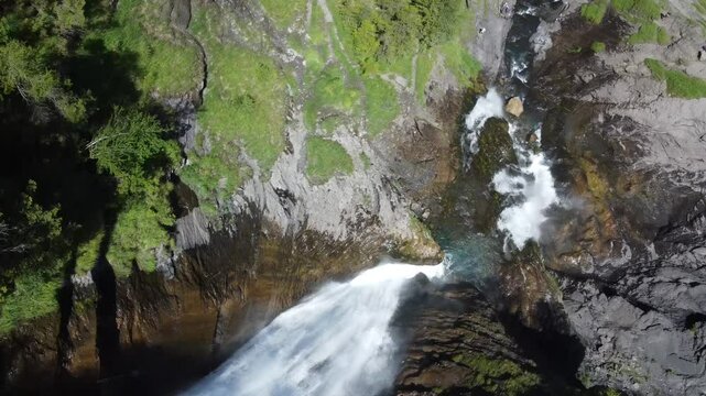 Aerial view of Cascade du Rouget (Rouget Waterfalls) in Sixt-fer-a-cheval in Haute-Savoie France