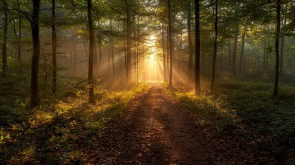 Obraz premium Sunbeams illuminate a misty forest path.