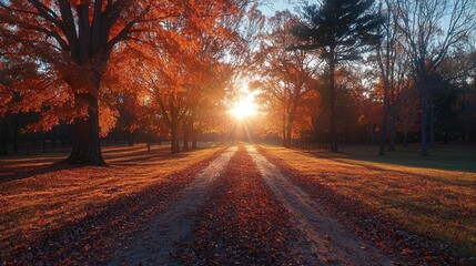Sun shining through colorful autumn trees on a path.