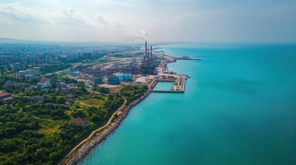 The oil refinery is located by the sea. No pollution. The surrounding area has clean air. Aerial view. 