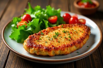 Crispily fried chicken chop with fresh mixed greens and cherry tomatoes, wooden, plate, meal