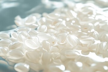 Rice grains in water. Featuring white rice soaking in water. Highlighting the preparation process. Ideal for culinary and kitchen visuals.