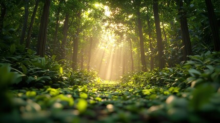 Obraz premium Sunlight through trees on forest floor.