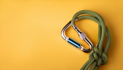 Naklejka premium パステルイエローの背景に、隅に配置されたロープ付きカラビナが、ミニマルでありながら実用性を重視したアウトドアツールを表現 