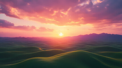 Obraz premium Stunning vibrant sunset over rolling green hills expansive farmland capturing beauty, aerial, ambiance, aesthetic, backlit, blazing, clouds, color. Blazing Meadow. Illustration