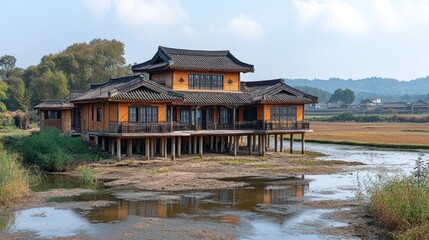 Obraz premium Stilted Asian house, serene water, rural landscape.
