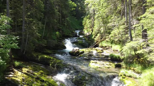 Aerial view of Cascade du Rouget (Rouget Waterfalls) in Sixt-fer-a-cheval in Haute-Savoie France