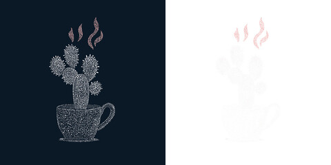 Cactus in coffee cup with steam on transparent background