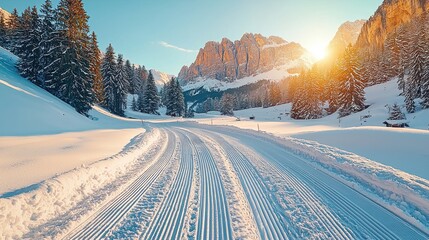 Sunlit winter road through mountains.