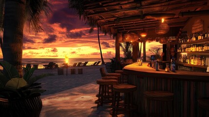 Tropical beach bar at sunset with tiki torches and ocean views.
