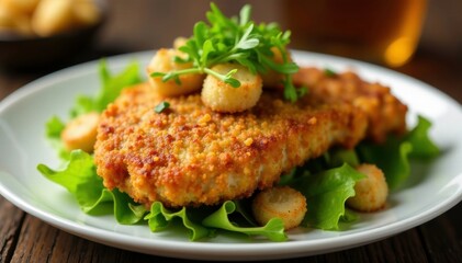 Crispy fried chicken chop with wilted mixed greens and croutons, crunchy, sandwich, salad