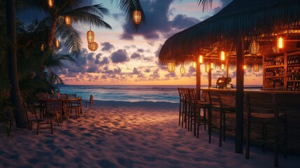 Tropical beach bar at sunset with tiki torches and ocean views.