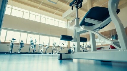 Modern rehabilitation facility equipment in a bright, spacious clinic with patients using advanced tools for physical therapy. Innovative healthcare technology supporting recovery and wellness.