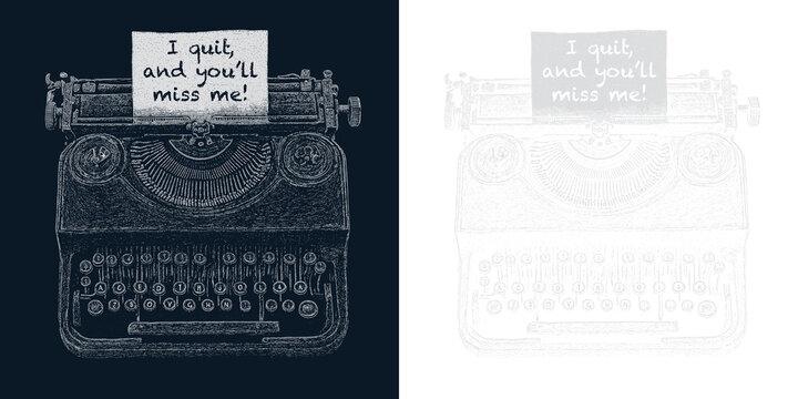 Vintage typewriter displaying resignation message on transparent background