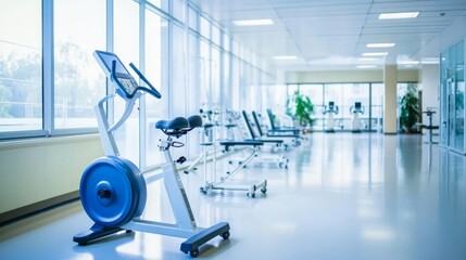 Fototapeta premium Modern rehabilitation facility equipment in a bright, spacious clinic with patients using advanced tools for physical therapy. Innovative healthcare technology supporting recovery and wellness.