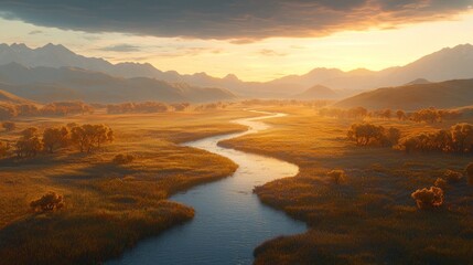 Obraz premium Sunset over valley with winding river.