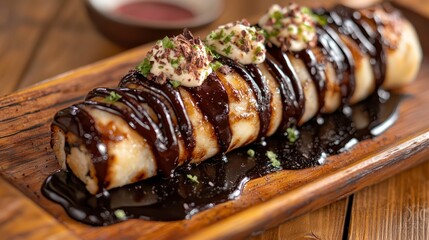 Sweet crepe with chocolate sauce, cream, and chives on wooden board.