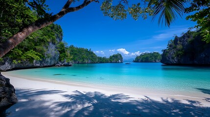 Serene Tropical Beach With Crystal Clear Water And Lush Greenery