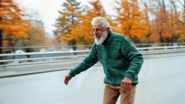 Very Old man skateboarding fast outside in the streets	
