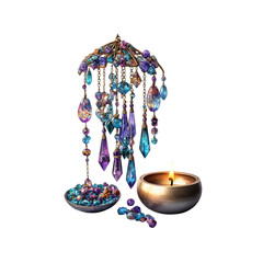 Mystical Crystal Mobile and Burning Candle Tranquil and Spiritual Scene