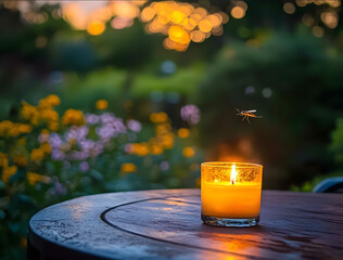 A natural looking backyard scene in early fall where a citronella candle is burning on an outdoor table at twilight with a tiny mosquito hovering around the table The