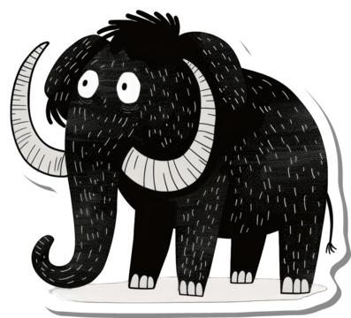 A whimsical black mammoth illustration stands on white