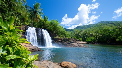 Fototapeta premium Serene Tropical Waterfall Cascading into a Tranquil Pool
