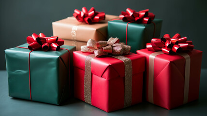 Obraz premium A festive Christmas scene with presents, ornaments, and ribbon on a light blue background. This image is perfect for holiday-themed designs.