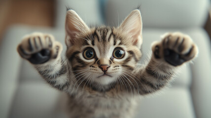 A cat dressed as a superhero flies through the air. 